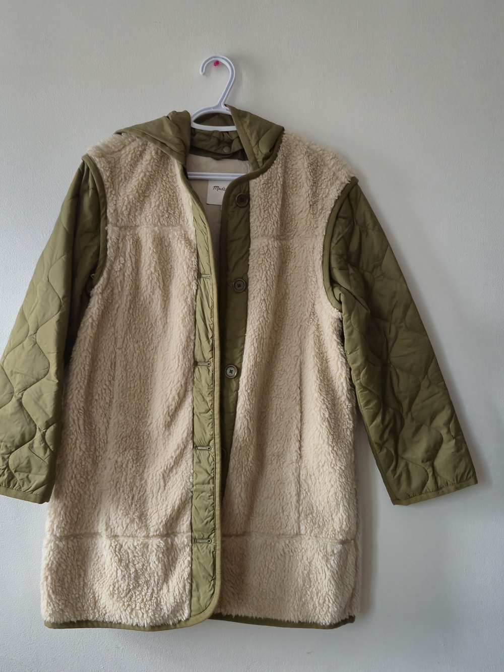 Madewell Reversible Sherpa & Quilted Linear Jacket Size S, Olive Green & Cream